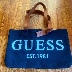 New Guess logo dark blue snd brown strap denim shoulder bag nwot